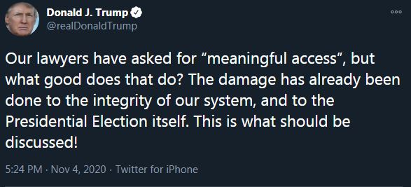Trump accepts Biden's terms but also pushes Biden to grant the legitimacy of Trump's investigations into any supposed cheating, and what should be the proper response - and reminding Biden if he doesn't, Trump will do it anyway, and it will mean less favorable terms for Biden