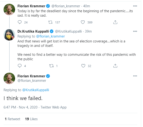 This may be peak twitter.

Team Apocalypse: "we need to find a better way to communicate the risk of this pandemic with the public."

Translation: "We yelled "YOU'RE ALL GOING TO DIE" for eight months, and it still wasn't voters' top issue - how can we scare people even more?"