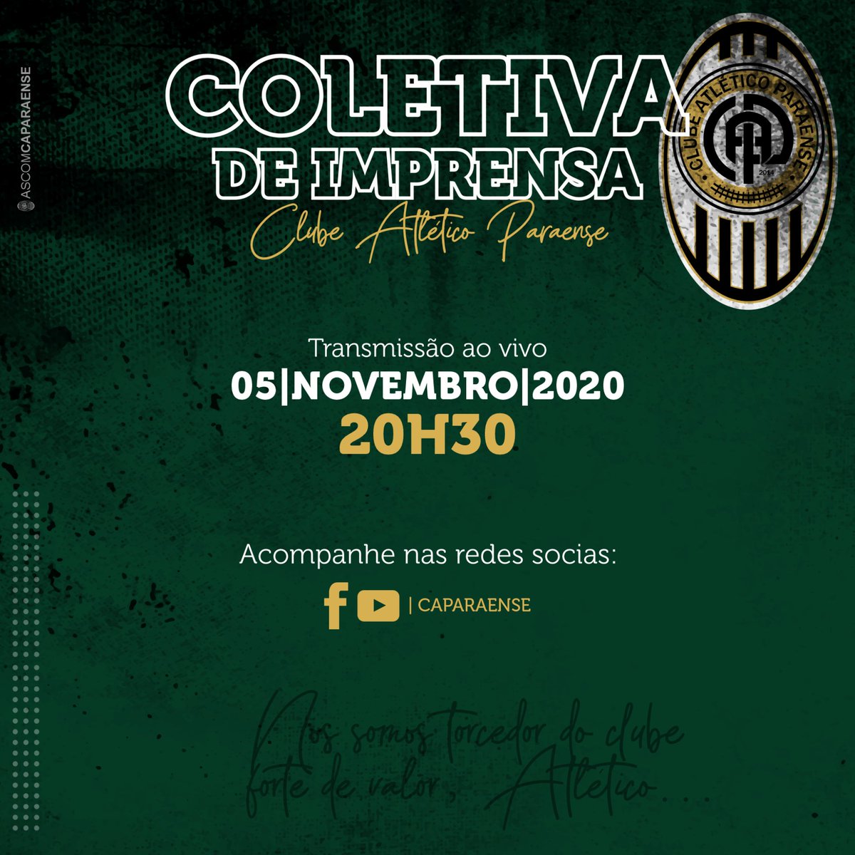 CAParaense's tweet photo. COLETIVA DE IMPRENSA

Acompanhe em nossas redes sociais. https://t.co/Qh95b4xjlK