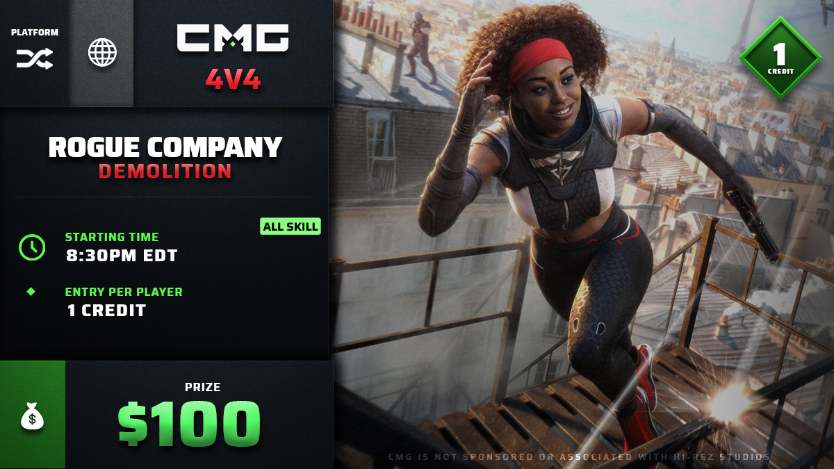 CMG_Rogue's tweet photo. ⚠️ 10 MINUTES EXTENDED!! ⚔️ CMG Rogue Company tournament!

🔀 | 4v4 | Demolition | 🌐
💸 $100 GUARANTEED 💸

Sign up now »
https://t.co/WHGvgJhGLg

#RogueCompany #CMGRogue https://t.co/hmt4x5WAqF