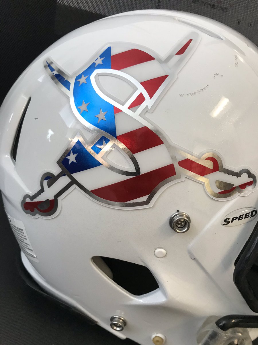 CoachTBush's tweet photo. In honor of Veterans Day next week, @Seguin_Football would like to salute our Veterans this Friday by wearing American flag decals on the side of their helmets, while honoring each branch of the military on their helmet stripes.
#Respect
#UnityIsTheSecret https://t.co/5FVzZlAMHs