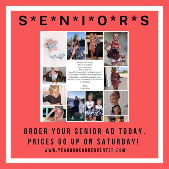 Early bird pricing on senior ads ends Friday! Design and buy your senior ad now before the price goes up and before we sell out- space is limited! Go to yearbookordercenter.com with code 17309 to design and buy your ad now!