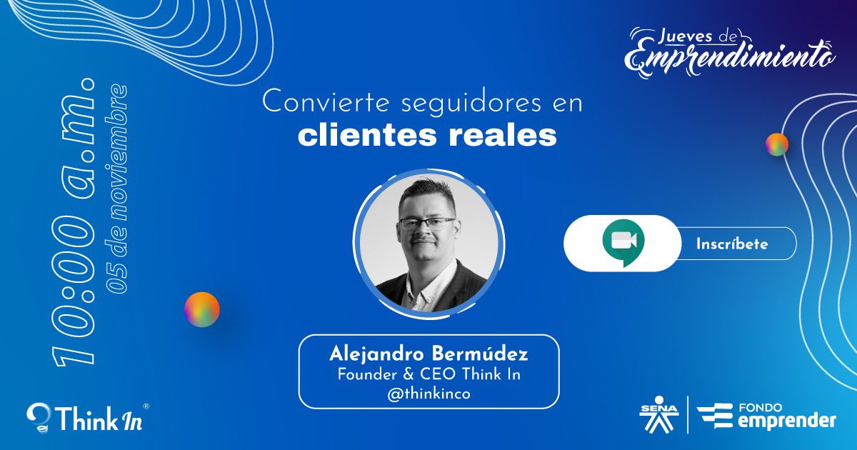 SENAComunica's tweet photo. 🔴🎥#Hoy| ¿Estás cansado de tener muchos seguidores y no vender? 😢 Aprende cómo tener éxito en tus redes sociales❤️ y transforma esos seguidores en clientes. 📲Disfruta nuestro #JuevesDeEmprendimiento junto a @thinkinco. 
🙋🏻‍♀️¡Inscríbete! 
https://t.co/cjSsp7ZpqJ https://t.co/VLPdYHUOkI