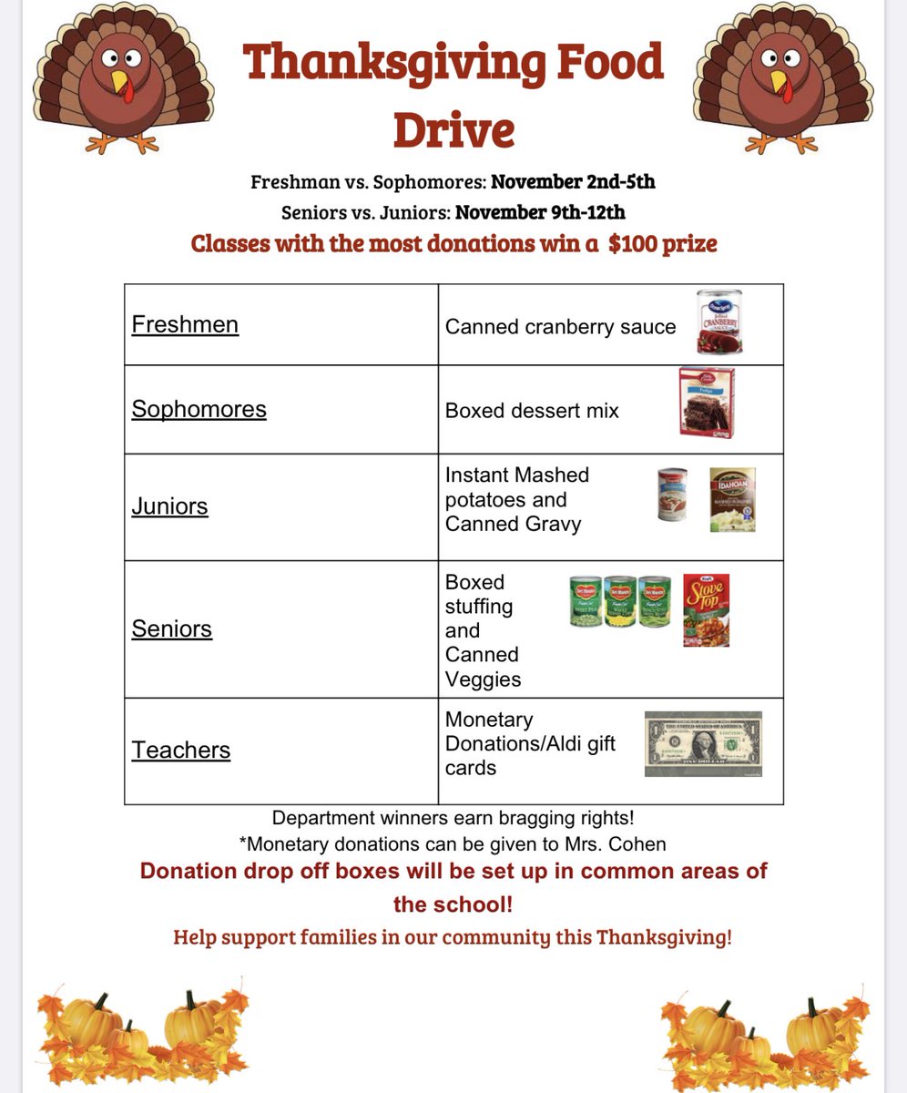 Attention freshmen! The Thanksgiving Food Drive is live! Bring canned cranberry sauce into the High School building until Friday the 13th! The class with the most donations wins a $100 so start donating! Lets go freshmen! 🦃