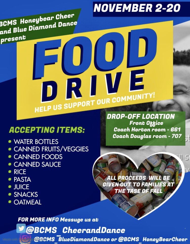 BCMSCheer_Dance's tweet photo. The @BearCreekMS #HoneyBearCheer & #BlueDiamondDance will be hosting a can food drive for the month of November. All proceeds will be donated to the community on the 20th! Please support & share what you CAN!! #FoodDrive #LetsGoBears #KindnessMatters #AllBearCreek๐ฅซ๐๐๐ฅซ https://t.co/cLr6OVDK3q