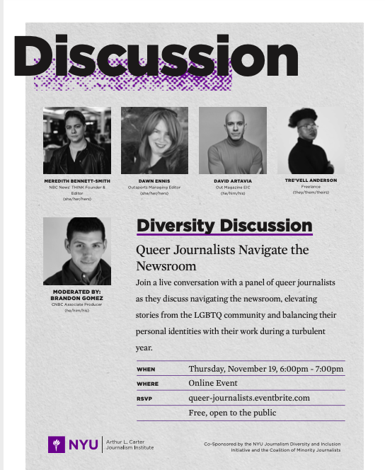 nyucmj's tweet photo. Tune in to a live conversation with a panel of queer journalists as they discuss navigating the newsroom on November 19! Link to RSVP: https://t.co/GxvppBUEBj https://t.co/Q8Xhl16cBH