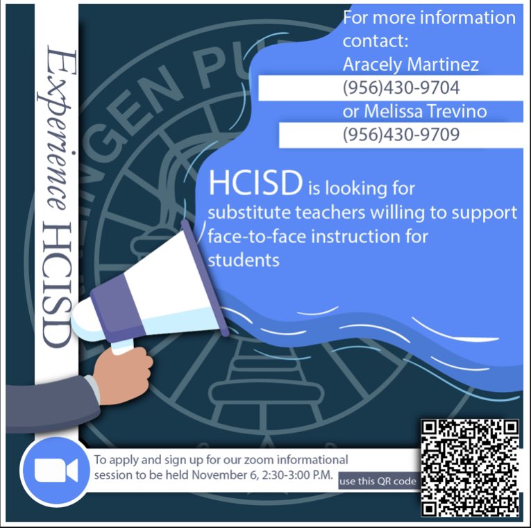 HCISD is looking for subs to support face-to-face instruction. See flyer for more information.