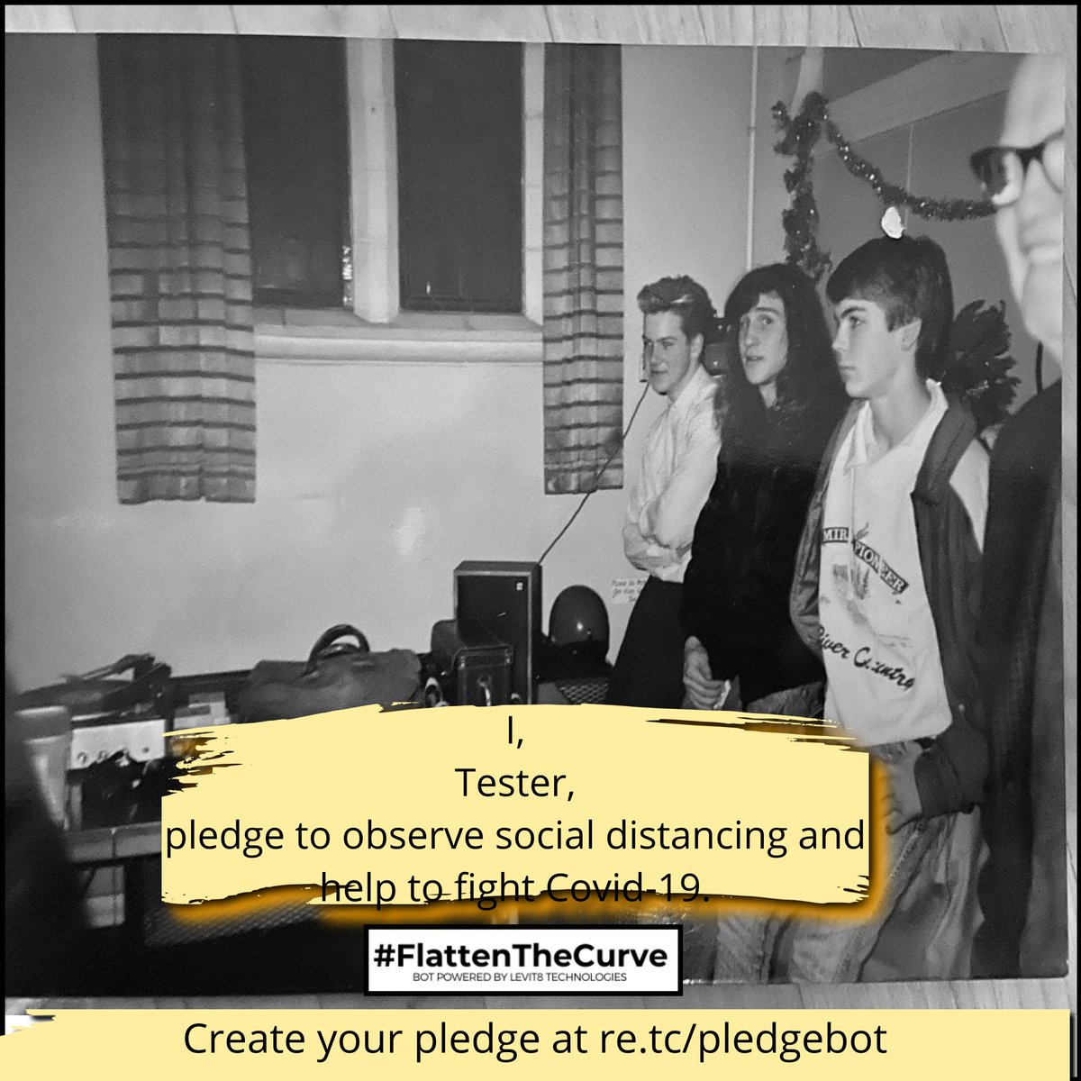 pledge_bot's tweet photo. Tester just generated a pledge card to observe social distancing. Get yours here https://t.co/kkcTo4kSpb #Covid19 #FlattenTheCurve https://t.co/kx6wKkH319