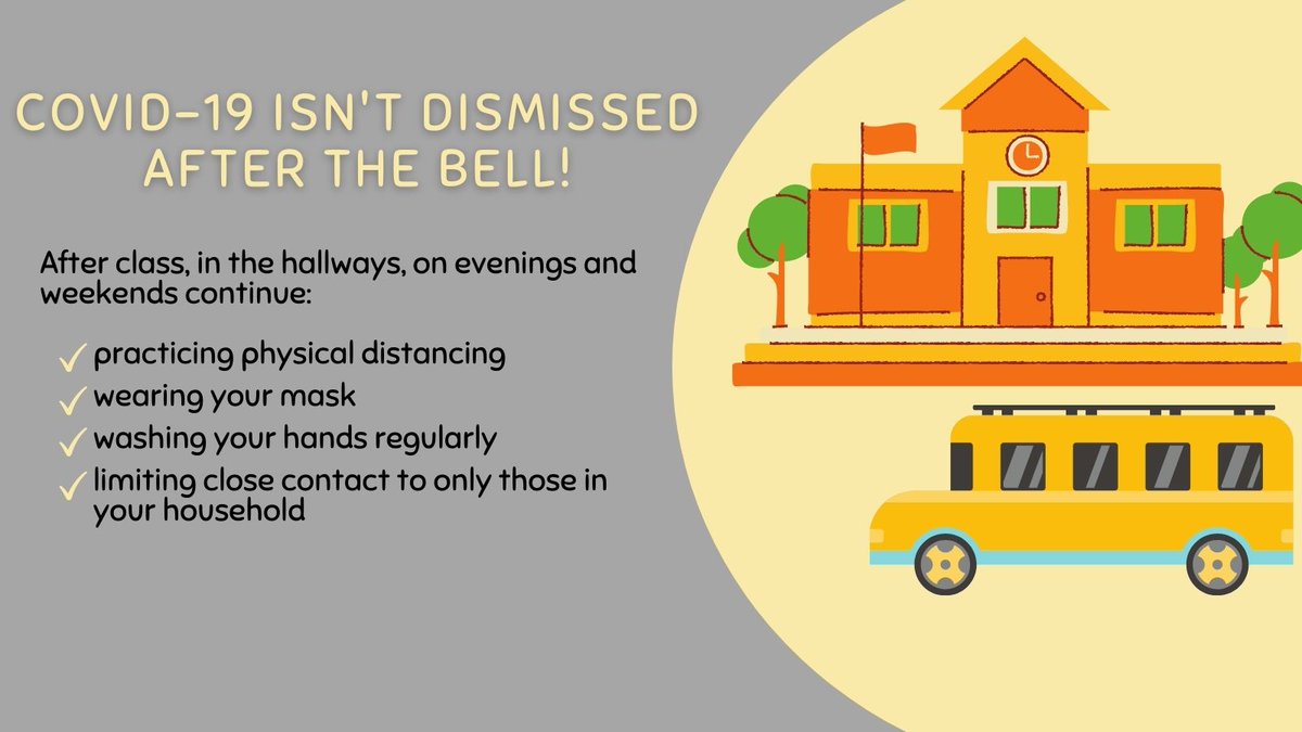 COVID-19 isn't dismissed after the bell! After class, in the halls, on evenings and weekends we need to continue to do our part to #StopTheSpread of #COVID19.  

<a href="/MLHealthUnit/">MLHealthUnit</a>