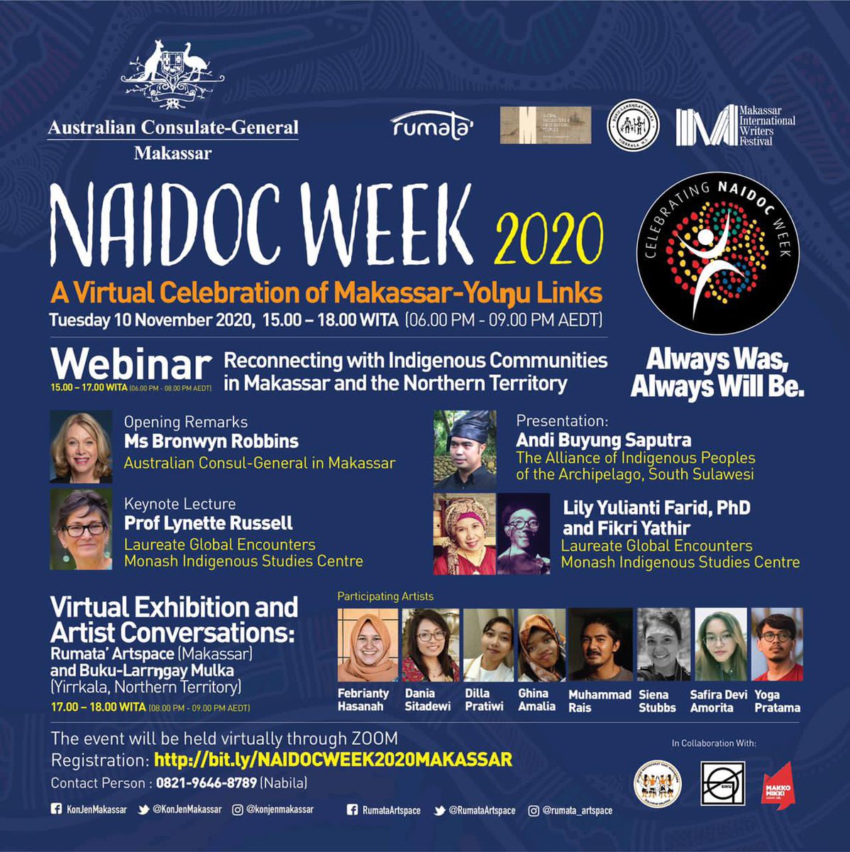 Rumata dan Konsulat Jenderal Australia Makassar utk perayaan Pekan NAIDOC virtual ttg hubungan sejarah antara teripang Makassan dan Orang Yolŋu di timur laut Arnhem Land melalui diskusi webinar &amp; pameran seni virtual. Bagi yg ingin bergabung silakan klik: bit.ly/NAIDOCWEEK2020…