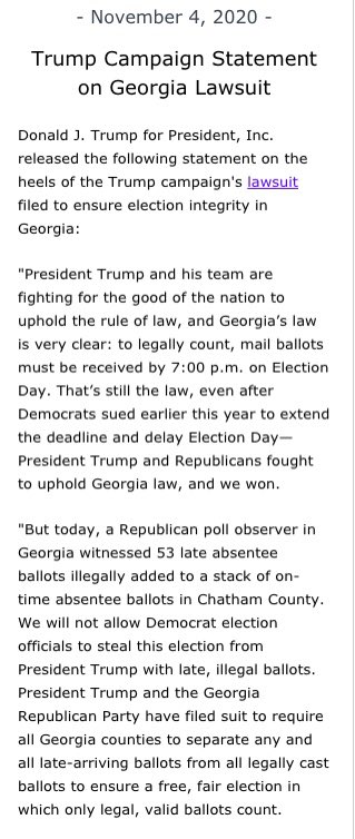 TeamTrump's tweet photo. Trump Campaign Statement on #Georgia Lawsuit https://t.co/YWgZyidHgN