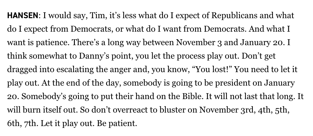 TimAlberta's tweet photo. This race is gonna be called for Biden soon. And Trump is unlikely to concede in short order. So, what then?

I'm reminded of what Beth Hansen said the other day: "It will burn itself out... don’t overreact to bluster on November 3rd, 4th, 5th, 6th, 7th."

https://t.co/thCzCxz52h https://t.co/707lndPh9M