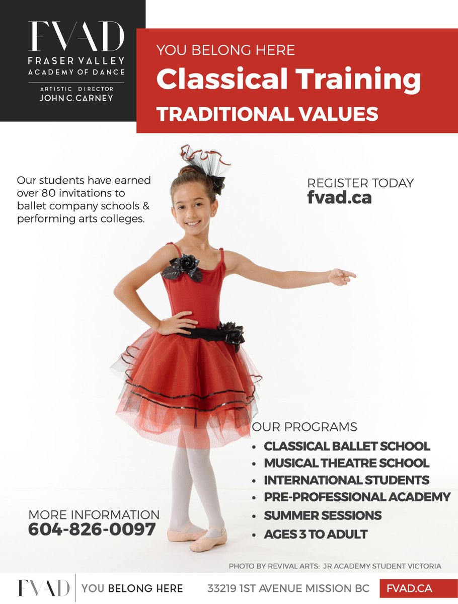 WhatsOnMission's tweet photo. Superior training in dance &amp; performing arts by professionals. Join the Fraser Valley Academy of Dance today at https://t.co/xjUPGQ9T8L or 604-825-0097

#Dance #Ballet #DowntownMission #MissionBC #ClassicalTraining #Kids #Musical #WhatsOnMission #LoveMissionBC #YouBelongHere https://t.co/YdzGkDhUlr