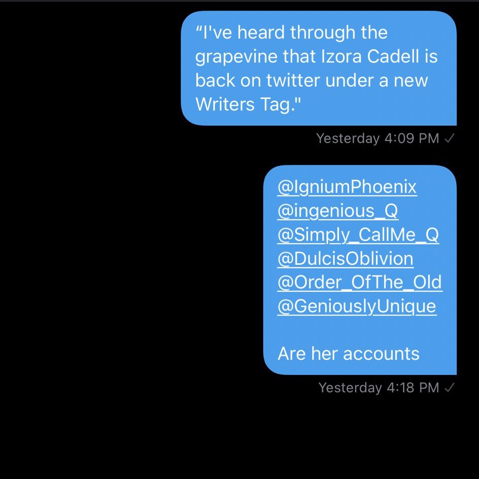yourhearthidden's tweet photo. UPDATE: she might be back. i've gotten word that these are her new accounts. this screenshot isn't mine, but was given to me.

back to my hiatus. be safe. https://t.co/SFd4gDOi9R