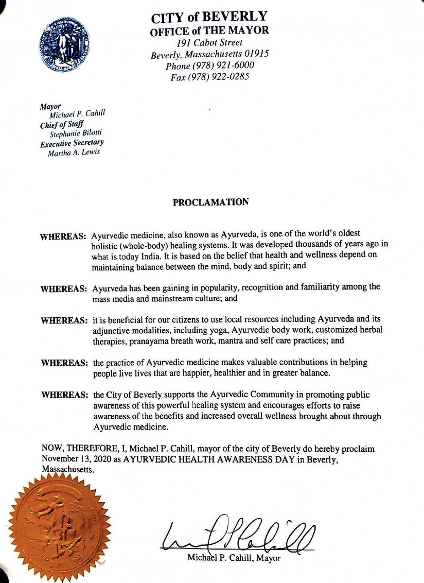 ayurveda_day's tweet photo. We are grateful to Mr. Michael P. Cahill, Mayor of the City of Beverly in Massachusetts in the United States of America for his continued support and for proclaiming Ayurveda Day this year in sync with our global initiative. #Ayurveda #AyurvedaDay2020 #MayorProclamation 🇺🇸 🇮🇳 https://t.co/XRO9nwDvHP