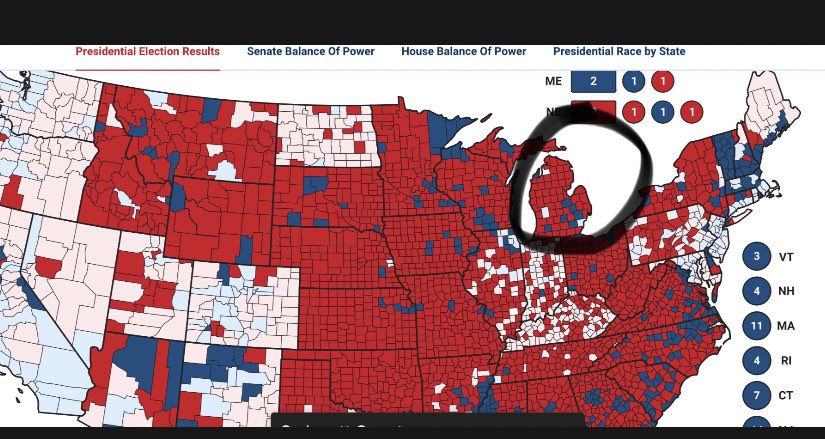 Bethi_ee's tweet photo. Somebody explain this?!! The whole state is red, except 5-6(ish)counties. But yet it’s blue? https://t.co/muY3myoreL