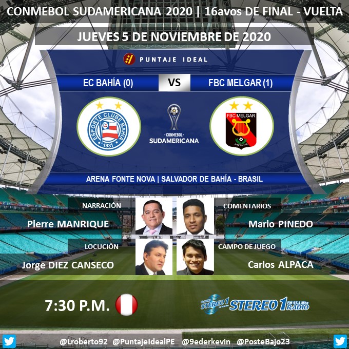 PuntajeIdealPE's tweet photo. ⚽ #Sudamericana| 🇧🇷 @ECBahia vs. @MelgarOficial 🇵🇪
🎙 Narración: @ManriqueSports
🎙 Comentarios: @MaritoPinPan
🎙️ Locución: @Jorge10k
⛳ Campo de Juego: @calobeto11
📻 #Stereo1 (AQP 97.1 FM)
💻📱https://t.co/BeDun6CyQW
🤳 #SudamericanaxStereo1
Dale RT 🔃 https://t.co/616O3OifDV
