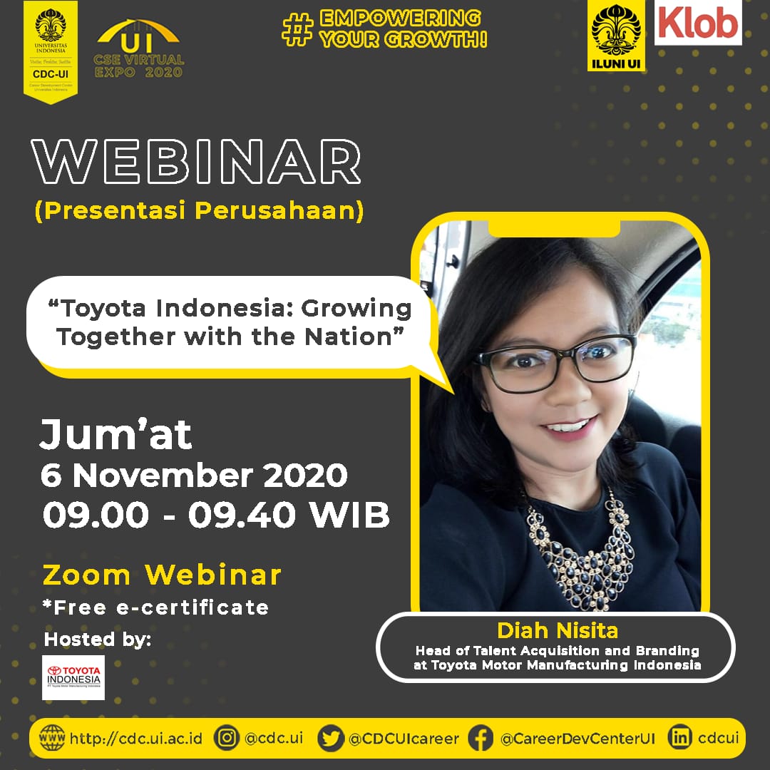 CDCUIcareer's tweet photo. [Webinar D-3: Mengenal Toyota Indonesia] 

Link pendaftaran: https://t.co/QMKQ9SD5SW

Link booking webinar:
https://t.co/84rgHCaXET

UI CSE Virtual Expo 2020
"Empowering Your Growth!" 

#UICSEVirtualExpo2020
#UICSE 
#UICSE2020
#virtualexpo
#career
#UIJobExpo https://t.co/P24RH4Odo1