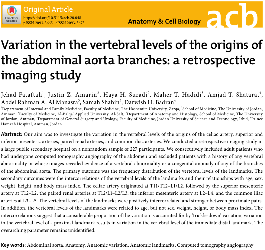 AcbjournalO's tweet photo. Variation in the vertebral levels of the origins of the abdominal aorta branches: a retrospective imaging study

https://t.co/J6ME5dZYqd
Anat Cell Biol 2020; 53(3): 279-283

#대한해부학회 #AnatomyCellBiology 
#ComputedTomographyAngiography #AbdominalAorta #AnatomicVariation https://t.co/e9YhkztrQN