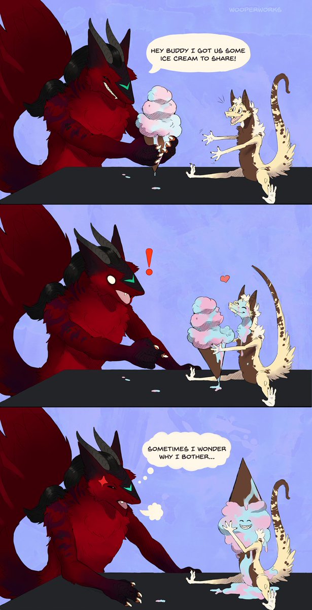 Wooperworks's tweet photo. And the final Leon introductory pic, featuring one my my own new characters... Bahna the yinglet xD
#furryart #furry #sergal #sergon #dragon #hybrid #yinglet #outofplacers #comic #digitalart #cute #silly #icecream #anthro #anthroart #scifi https://t.co/VLlQ9ln1WZ