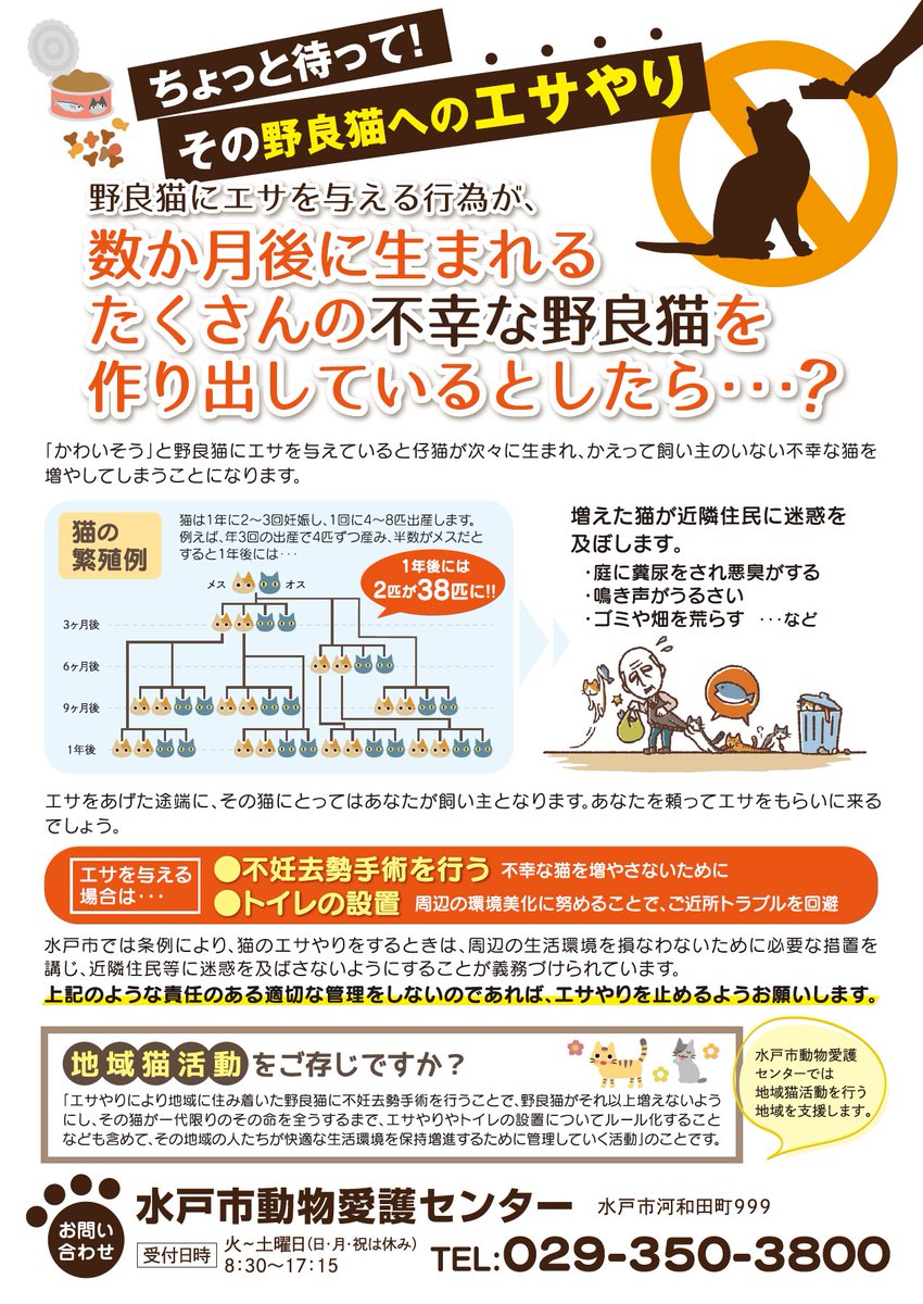 kouhou_mito's tweet photo. 【野良猫に餌だけ与えている方へ】
餌だけ与えてしまうと猫が繁殖してしまい、飼い主のいない不幸な野良猫を増やしてしまうことにつながります。
餌を与える場合は猫用トイレを設置する、不妊去勢手術を行うなど、適切な管理をお願いします。
https://t.co/AHQFCIBbdK #水戸 https://t.co/iUchEYe5bn