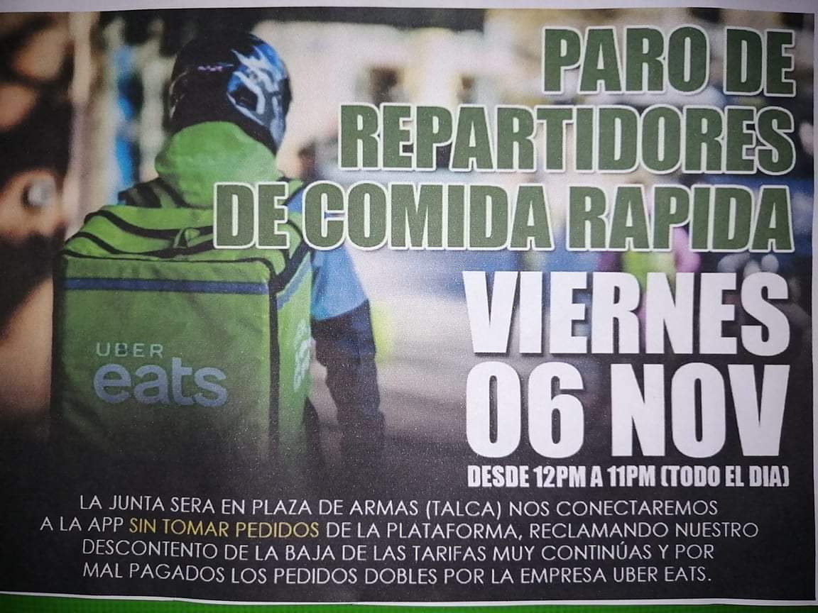 RappiRt's tweet photo. Compañeros de Talca. Están preocupados. Conectados más de 8 horas al día solo para realizar 3 pedidos. Ya que las app. No controlan los ingresos de repartidores. Esto debe regularizarse. @niunarepamenos @FIEL_Chile #regularizate #soydelibery #niunrepartidormenoschile https://t.co/A09u22iVTg