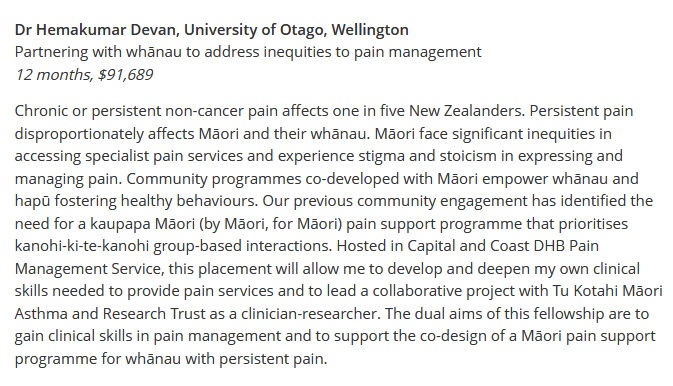 HemDevan's tweet image. Thrilled to receive this @HRCNewZealand #HealthDelivery award to address inequities for #Maori whanau with #ChronicPain. Looking forward to becoming a #clinicianresearcher #dreamjob 
@OtagoCHARR @OtagoWellington @CCDHB