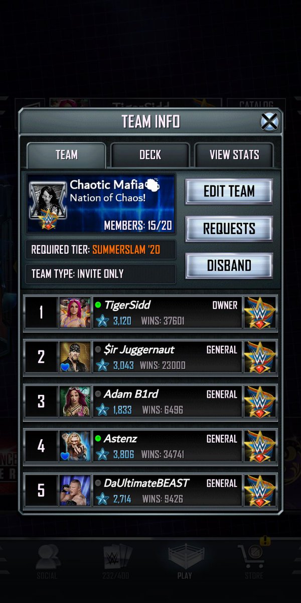 SiddReal's tweet photo. Chaotic Mafia🍻 is looking for few serious ss20++ players, with discord, who can take the spots almost ready for s7 💪,
Must follow tbg attack plans and know good strategies in attacking, we are chill with team events
Dm me if ur interested to join, RTs appreciated!
#WWESuperCard https://t.co/c9fv4CQwzI