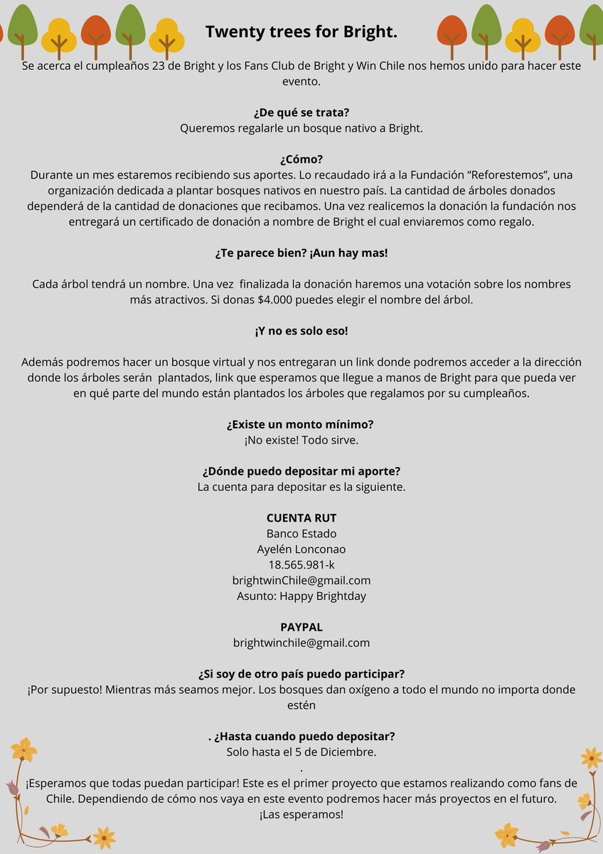 BrightWinChile's tweet photo. Proyecto "Twenty trees for Bright" 🌳🌳🌳
Participa en nuestro proyecto de cumpleaños para Bright ❤️
¡Te esperamos!
#bbrightvc #BrightWin @bbrightvc @bbrightvchile @ChileWinmetawin https://t.co/qWfWQ8kVFE
