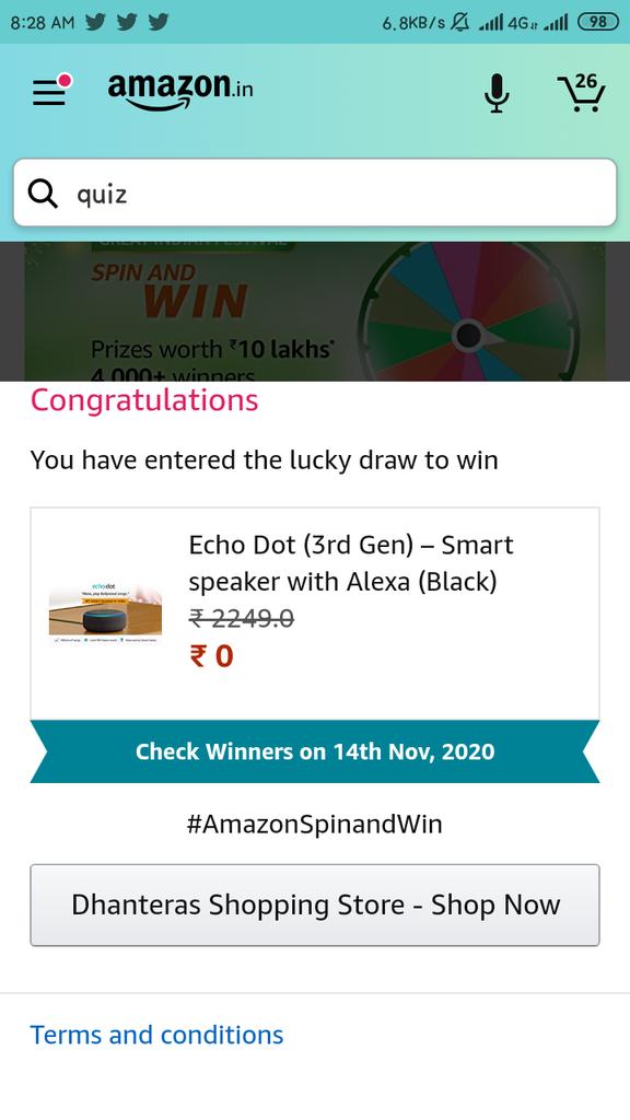 SurajJoshi875's tweet photo. @amazonInQuiz #AmazonQuiz 
#DhanterasShoppingStore 
#AmazonIndia 
#QuizTime 
#FunZone 
#Amazon https://t.co/SkokX8ZkaZ
