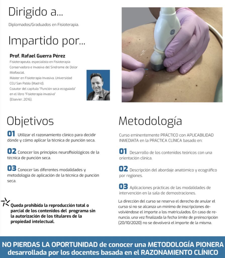 MVClinic's tweet photo. ¿TODAVÍA NO TE HAS FORMADO EN PUNCIÓN SECA CON UNA NUEVA METODOLOGÍA? #fisioterapiainvasiva 

El 20-21-22 NOVIEMBRE @primfisio comienza el curso “Punción seca en los puntos gatillo y dolor neuromusculoesquelético” la formación MÁS COMPLETA Y AVANZADA (60 HORAS) con @RafaGuerraP https://t.co/00qHX6OYf8