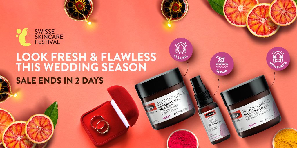 SwisseIndia's tweet photo. Glowing skin always in this #wedding season! Only 2 days are left to get the best deals on the #Swisse #Skincare range. Get up to 45% off + Extra 10% on a purchase of 1499 and above on the Swisse Skincare Festival. Hurry up! Shop now https://t.co/ICodhqjo0Q #WeddingSkincare https://t.co/wWXwJsAx4u