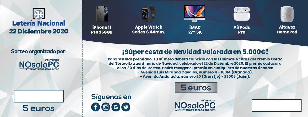JaenFS's tweet photo. 🎊 ¡Gran sorteo de Navidad de @INosolopc!

🎁 iPhone 11 Pro 256GB
🎁 iMac 27'' 5K
🎁 Altavoz HomePad
🎁 Apple Watch Series 6
🎁 Altavoz HomePad

💳 Consigue ya tu papeleta por 5€ en las tiendas de @INosolopc 

📍 Av. Andalucía, 20 (Jaén)

😲 ¡Increíble!

#SomosJaén💛 https://t.co/ytzkoZBnzi