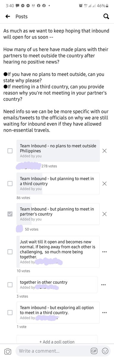 RightToLovePH's tweet photo. How many of us here have made plans with their partners to meet outside the country after  hearing no positive news?
***
64.95% (278 out of 428 who voted)-  waiting for 🇵🇭 to open
20.09% - meet in a third country 
11.68% - meet in partner's country 

#LoveIsNotTourismPH https://t.co/aNN3nCgDC7