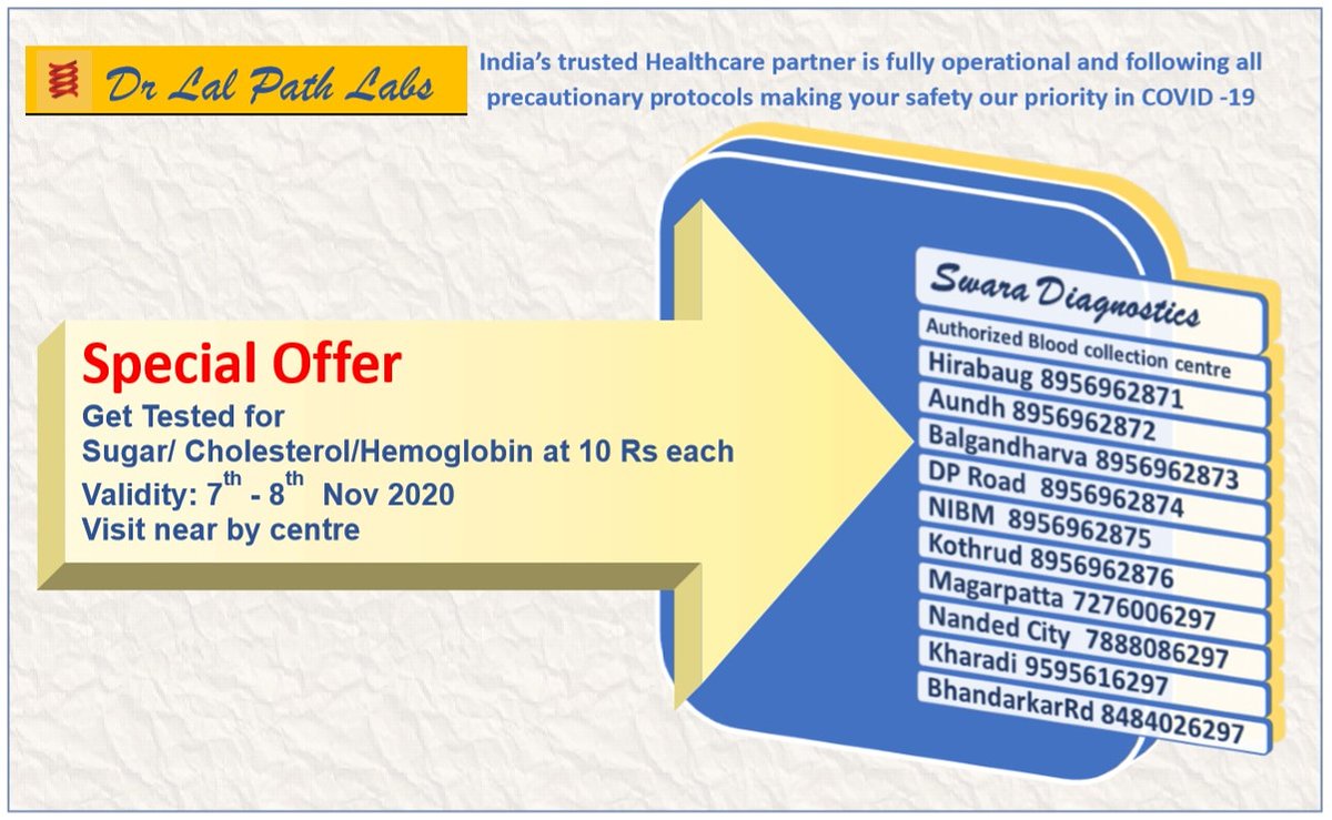 LalpathlabsSd's tweet image. Special offer
Valid 7th-8th Nov 2020
Sugar/Cholesterol/Hemoglobin at 10 Rs each