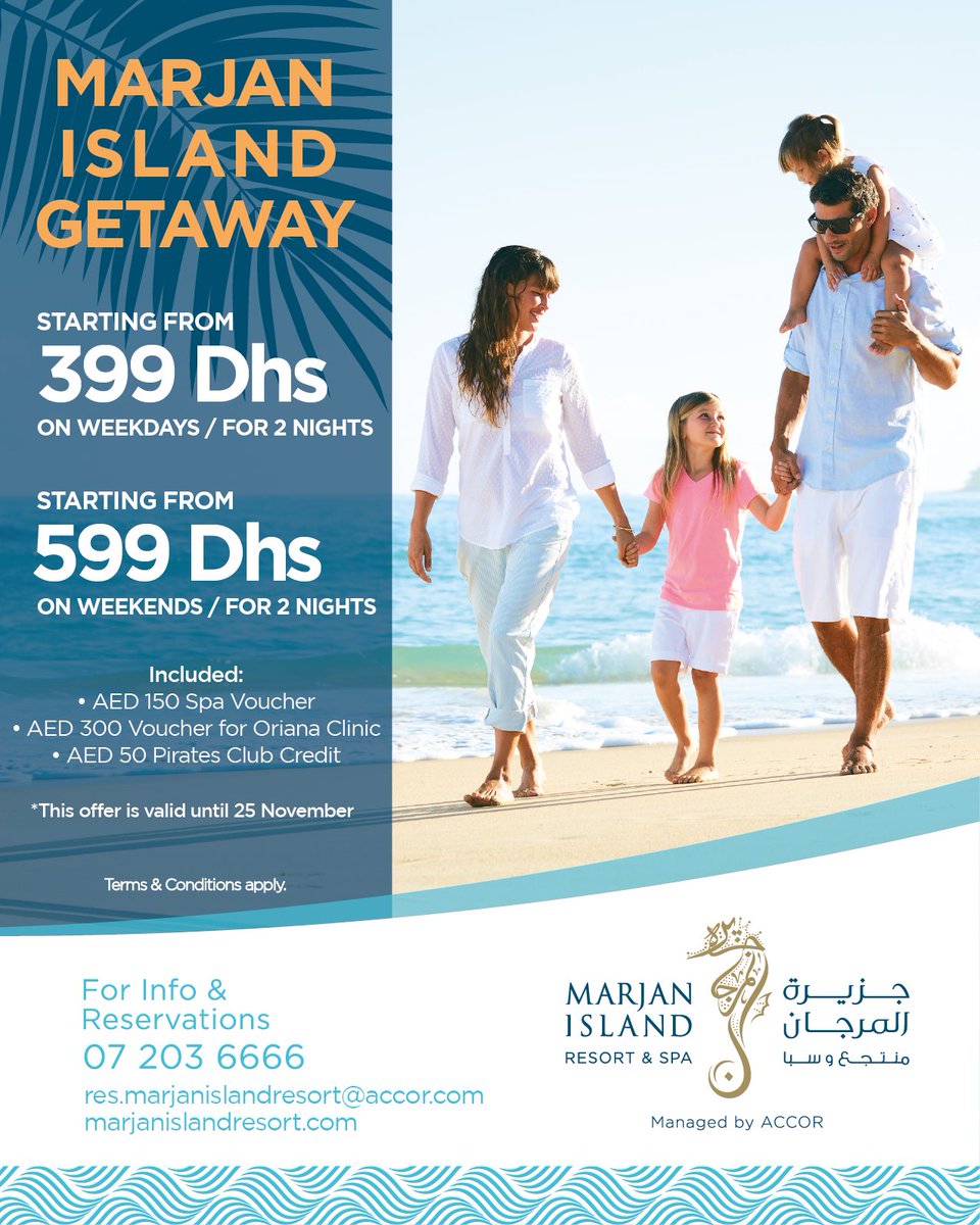 MarjanResort's tweet photo. ابتداءً من399 درهم فقط، إقامة لمدة ليلتين خلال أيام الأسبوع
*قسيمة مجانية بقيمة 150 درهم في لامار سبا 
*قسيمة مجانية بقيمة 300 درهم في عيادة أوريانا
*رصيد بقيمة 50 درهم في نادي الأطفال
🔻
للحجز و الاستعلام
البدالة
6666 203 7 971+
الواتساب
0834 577 56 971+ https://t.co/g1CD8R0ct7