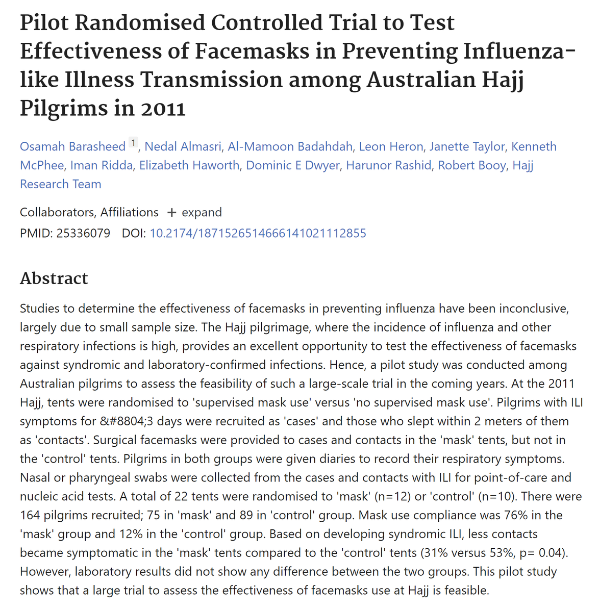 Hmmm... the actual paper is more subtle than this.Not sure where the meta analysts got the 1/11 and 0/28 from.Some stuff about tents-full of people at the Hajj pilgrimage, or something.