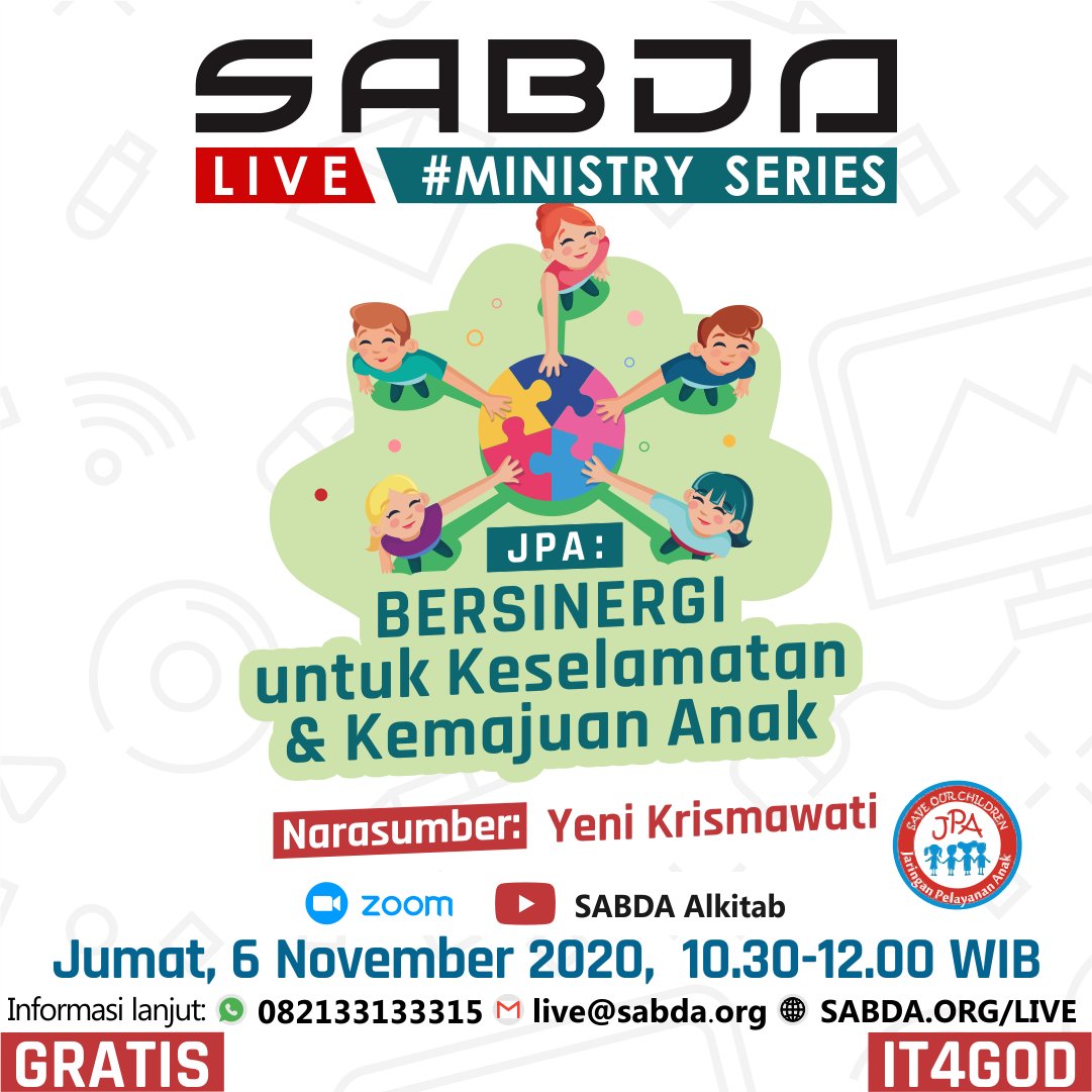 _ayo_pa's tweet photo. Shalom Sahabat SABDA!
Mari mengenal lebih dalam pelayanan JPA (Jaringan Pelayanan Anak) melalui SABDA Live berjudul "JPA: BERSINERGI untuk Keselamatan dan Kemajuan Anak." Materi akan disampaikan oleh Ibu Yeni Krismawati, BESOK.
Daftar melalui:
- WA: 082133133315
Salam IT4God! https://t.co/6YFG46BmhD