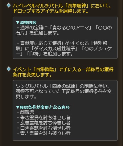 グラブル攻略 Gamewith ゲーム内に 四象降臨 開催予定のお知らせが登場 変更点 久遠の指輪 の在庫が1個追加 交換に必要分のクロム鋼が追加 四象交換に前回未獲得分の四象霊晶追加 四象瑞神hlのドロップ調整 一部称号の獲得条件を変更