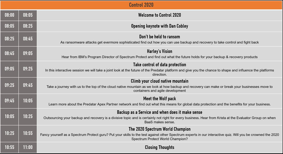 PredatarHQ's tweet photo. 2-5pm GMT, 3-6pm CET & 8-11am Central US time #Control2020 join us for a great lineup, register here https://t.co/IAr32RBipY #TakeControlOfBackup https://t.co/uiDix99AAQ