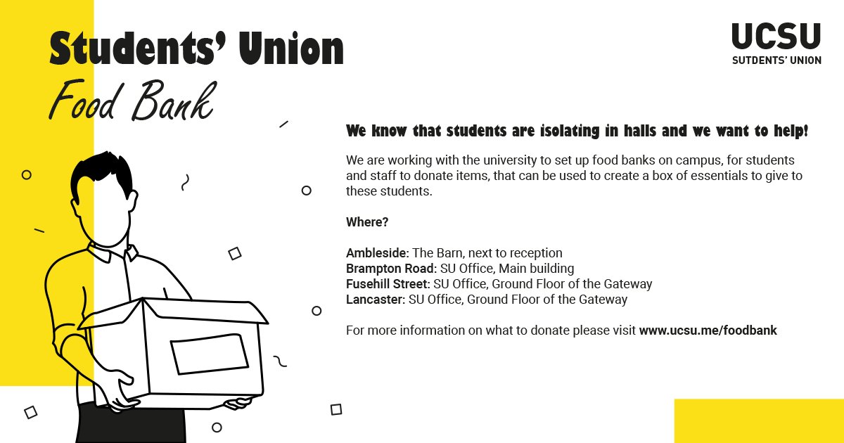 Donation stations are still open for you to make any small contribution to the isolation food packs we are helping to organise. 🍓🍄🍳
<a href="/CumbriaUni/">University of Cumbria</a>