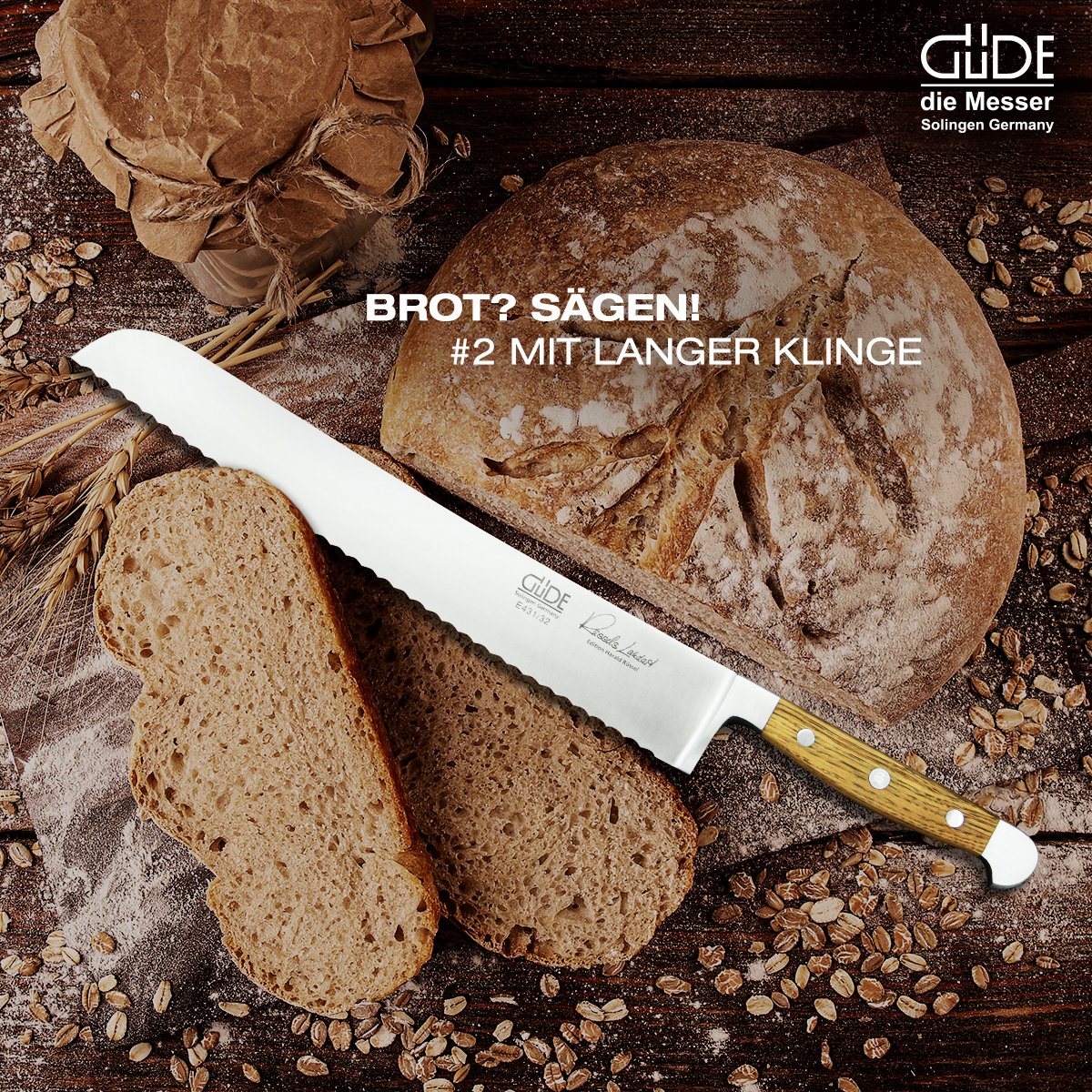 GuedeMesser's tweet photo. If the blade is too short, the knife must be moved back and forth to reach the bottom of the loaf of bread. This back and forth often results in an unevenly sliced slice of bread. With its 32 cm length, our bread knife Franz GÜDE is significantly longer than normal bread knives. https://t.co/oqySpqvF5Z