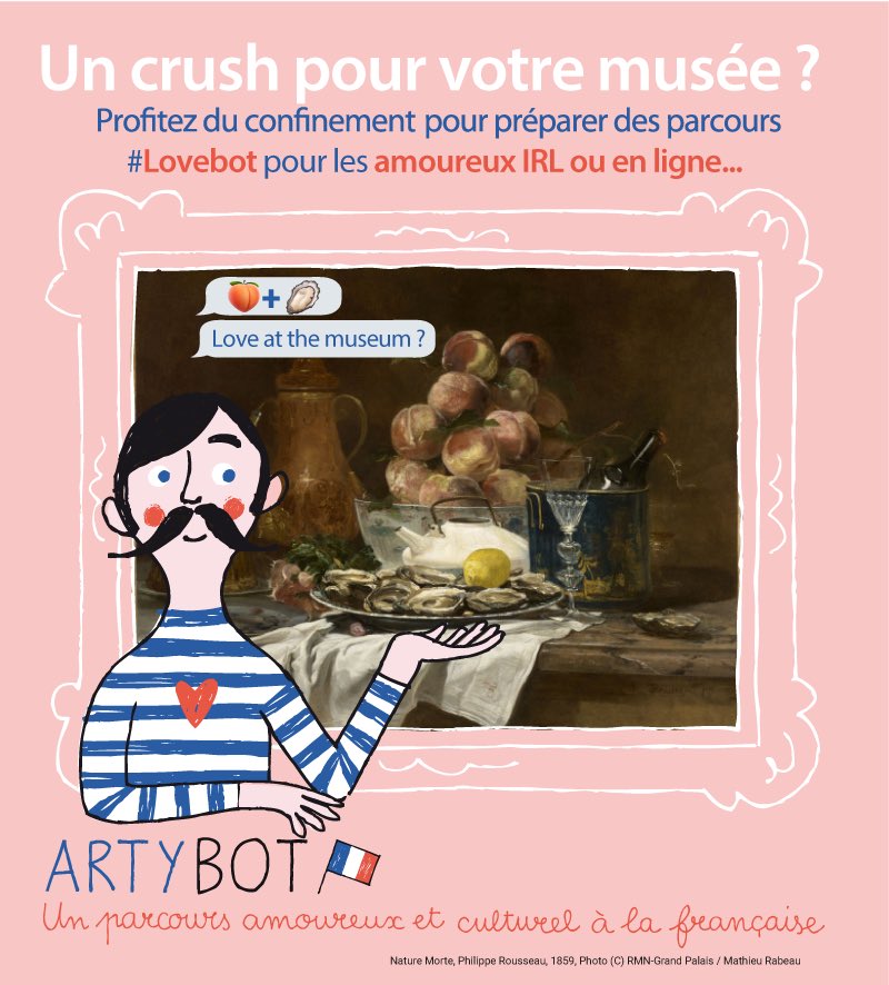 archimusette's tweet photo. Pendant que nos musées jouent à la "Belle au bois dormant" préparons un réveil charmant pour les visiteurs amoureux avec la formule #LoveBot concoctée par Artybot. @Upcultureblog . Les visiteurs , en ligne ou in situ, découvrent les oeuvres et se découvrent l'un l'autre. https://t.co/oFlNbLszr2