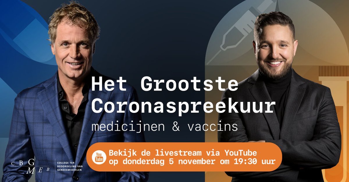 MedicijnNL's tweet photo. Vanavond, 19:30 uur, is het zo ver: 'Het Grootste Coronaspreekuur'! Heb jij vragen over medicijnen &amp; vaccins voor Jaap van Dissel, Diederik Gommers of @hugodejonge? Stel ze met #coronaspreekuur of live in de chat @Youtube. Tot vanavond! @rivm @MinVWS 

👉 https://t.co/g70KWLOgar https://t.co/Ck7xFveEqi