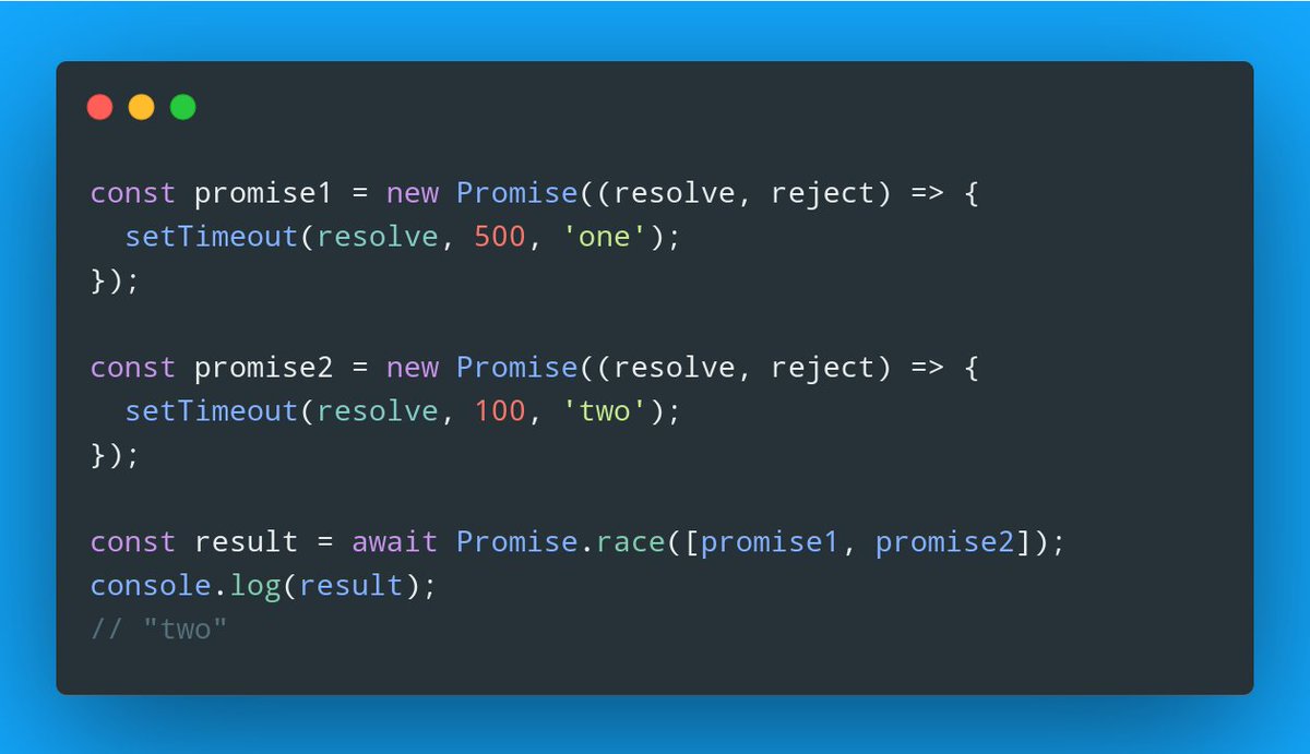  Promise.race()The Promise.race() method returns a promise that fulfills or rejects as soon as one of the promises in an array fulfills or rejects, with the value or reason from that promise.