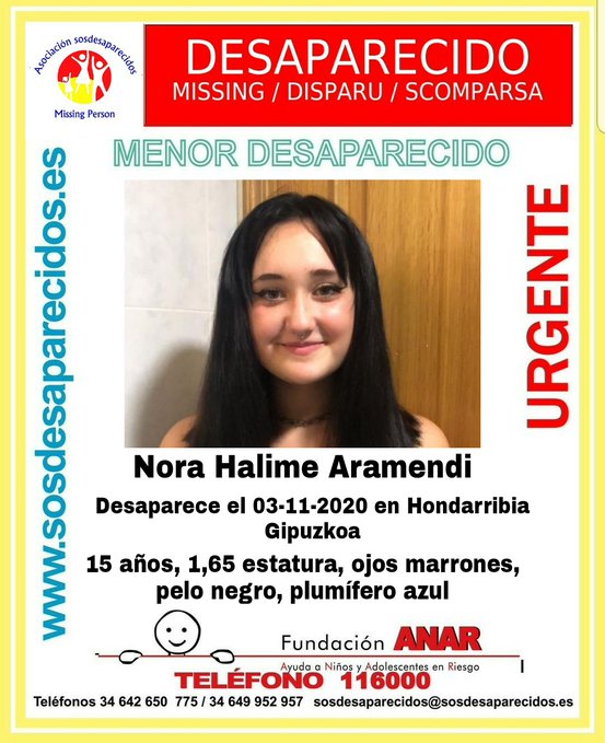 guardiacivil's tweet photo. 🆘#URGENTE ⚠#AlertaDesaparición

Nora ha #desaparecido en #Hondarribia 

Ayúdanos ¿tienes información? llama:
📞062 📞091 📞112

#Colabora ¡Haz RT! puedes ayudar mucho. https://t.co/OX9C4HAYys