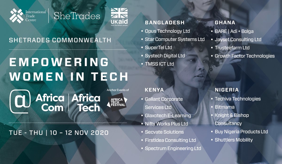 ITCnews's tweet photo. 🗓️From 10-12 November

ITC #SheTrades Commonwealth is supporting 20 women 'technopreneurs' from #Bangladesh, #Ghana, #Kenya, and #Nigeria to exhibit and pitch at @africatechfest!

🔎Browse the business catalogue here and support these #WomeninTech➡️https://t.co/6uLKvJrncK https://t.co/tq8wOGOIoa