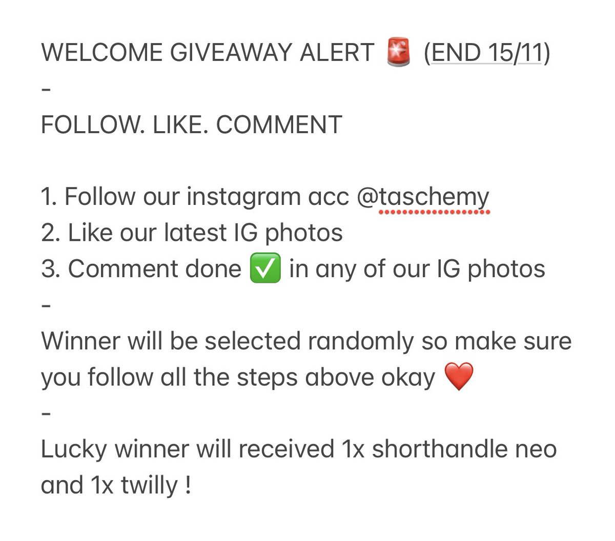MyTasche's tweet photo. We launching our new instagram! Lets join our giveaway ❤️ Help RT so everyone has a chance to win ! #taschemy #sayajual #jomberniaga #bazarpaknil #twtpromote #RTdanSebar @RTNiaga @twt__promote @Twt_Product @RTdanSebar @_SayaJual https://t.co/NBsIbi9IkA