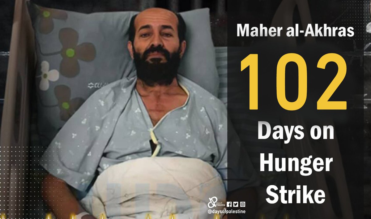 FreePal21930472's tweet photo. 102 days on hunger strike, and counting...

The Palestinian detainee Maher Al-Akhras is in a very worrying health condition as he lost his vision and ability to speak. 

#SaveMaher #FreeMaherAlAkhras https://t.co/QGwqaMs0v9