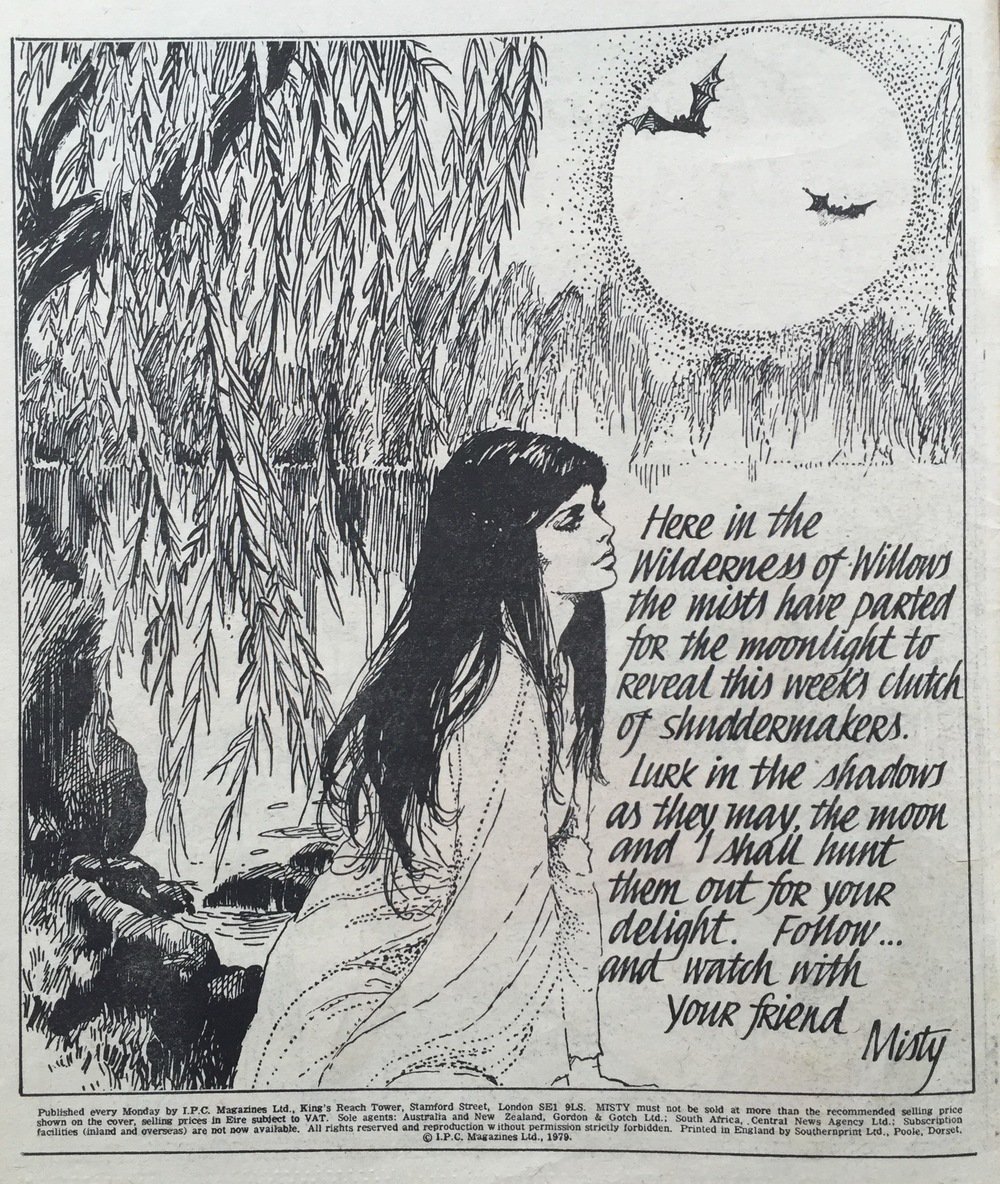 Like many IPC titles Misty had a 'narrator' who introduced each issue - the eponymous Misty, drawn by Shirley Bellwood. Her role was as a point of entry for the reader to the various supernatural stories.